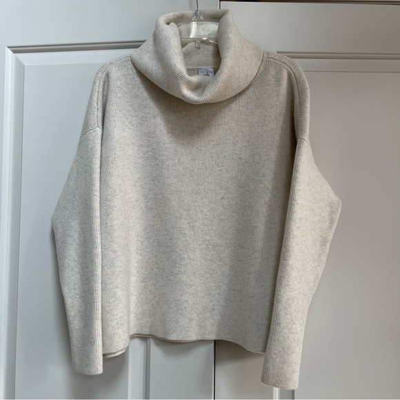 CAbi Sweaters - CAbi Lux Oatmeal Cowl Neck Cropped Length Tapered Sleeve Drop Shoulder Sweater